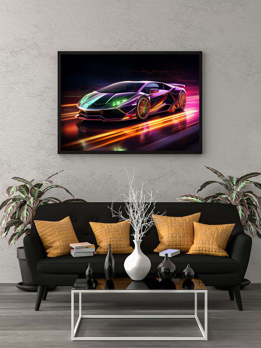 Neon Car Araba Tablo Siyah Çerçeveli Araba Poster Duvar Tablo