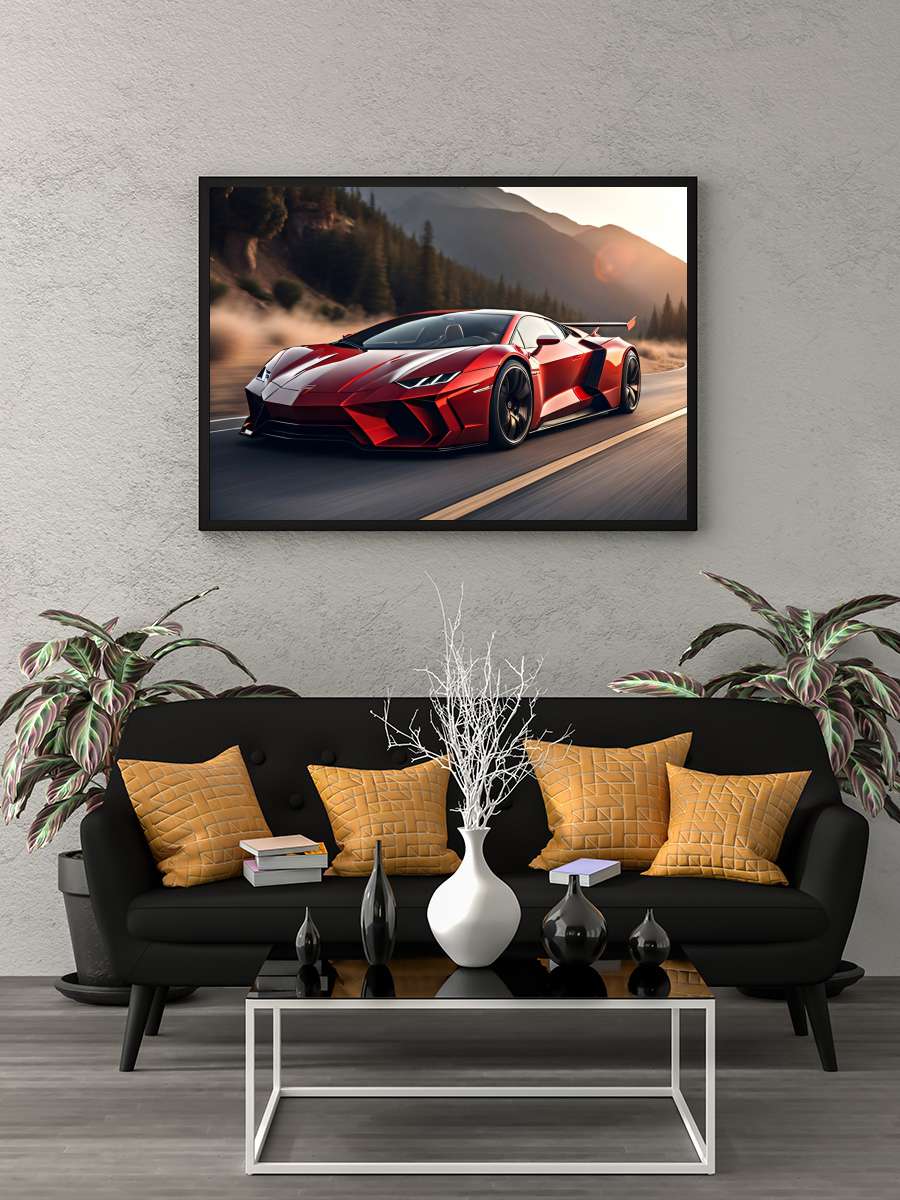 Fast red car Araba Tablo Siyah Çerçeveli Araba Poster Duvar Tablo