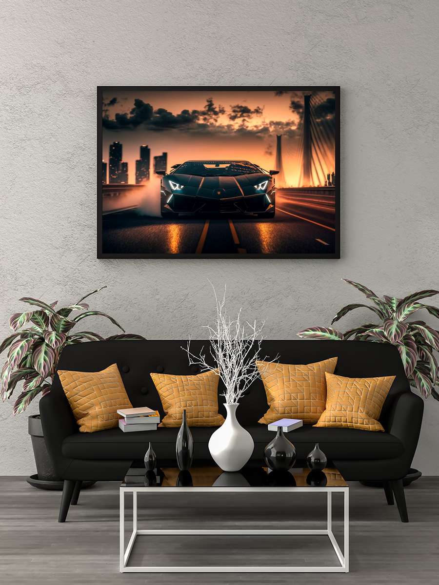 Sportcar at sunset Araba Tablo Siyah Çerçeveli Araba Poster Duvar Tablo