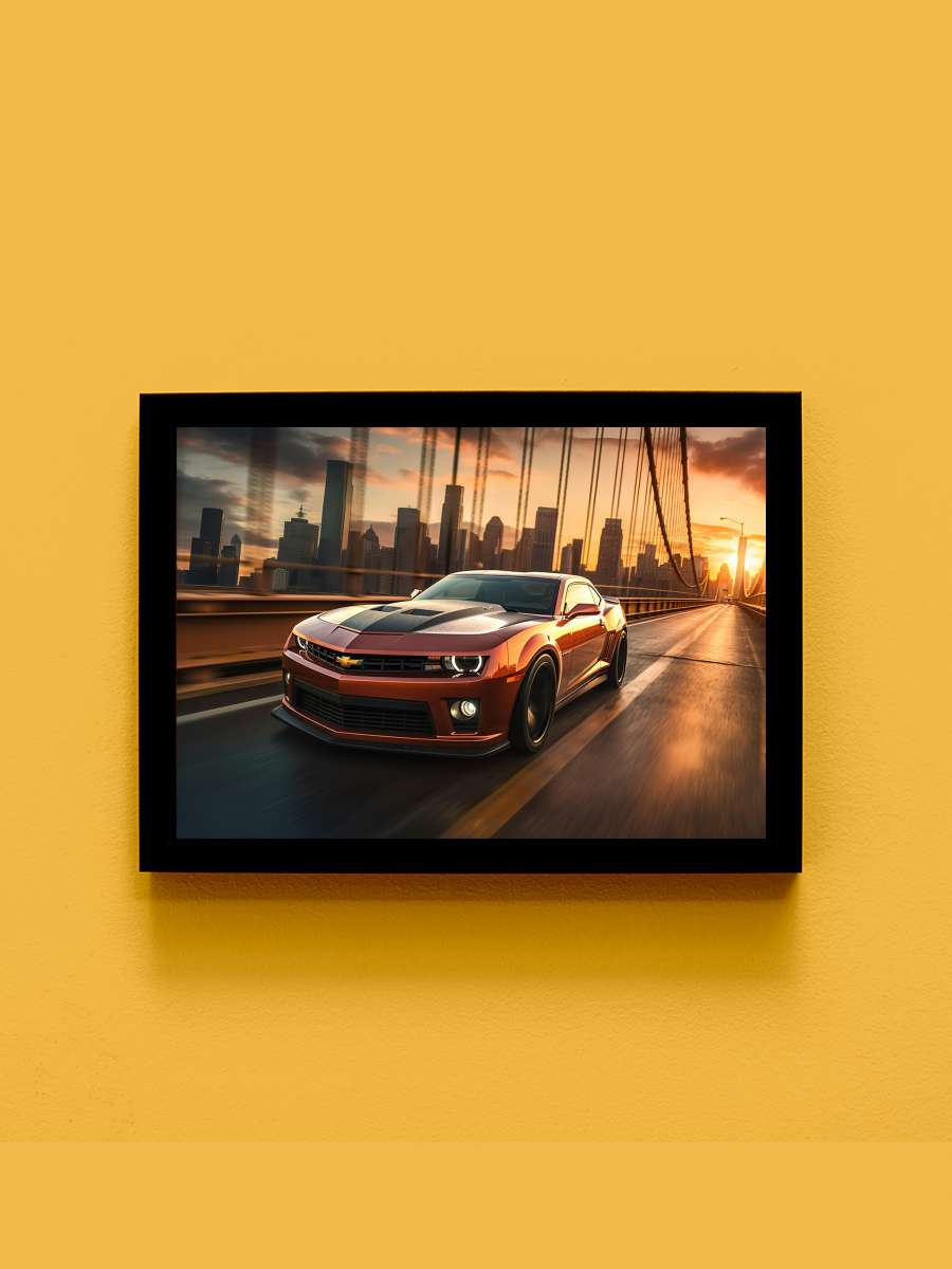 Camaro Muscle Car in the City… City Skyline Sunset Araba Tablo Siyah Çerçeveli Araba Poster Duvar Tablo