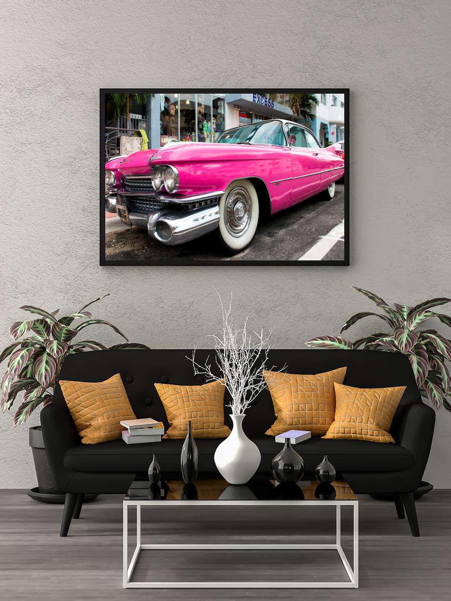 Pink Classic Car Araba Tablo Siyah Çerçeveli Araba Poster Duvar Tablo