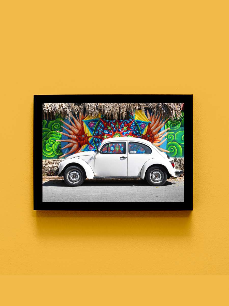 White VW Beetle Car in Cancun Araba Tablo Siyah Çerçeveli Araba Poster Duvar Tablo