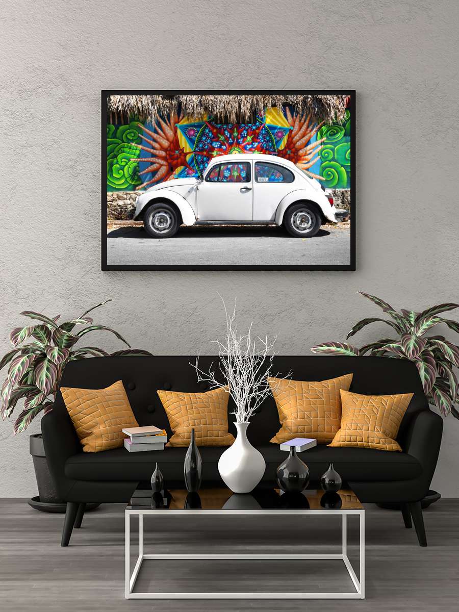 White VW Beetle Car in Cancun Araba Tablo Siyah Çerçeveli Araba Poster Duvar Tablo