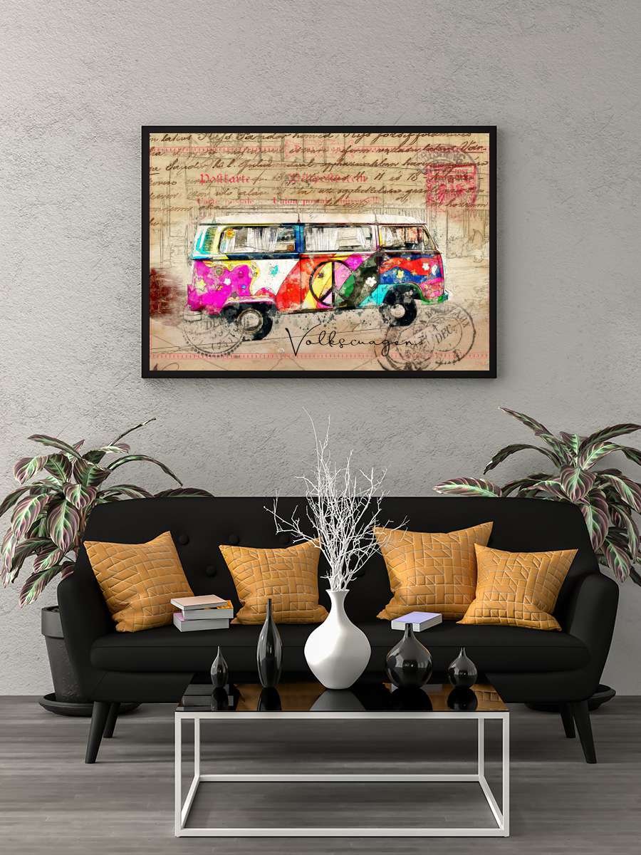 vw combi art Araba Tablo Siyah Çerçeveli Araba Poster Duvar Tablo