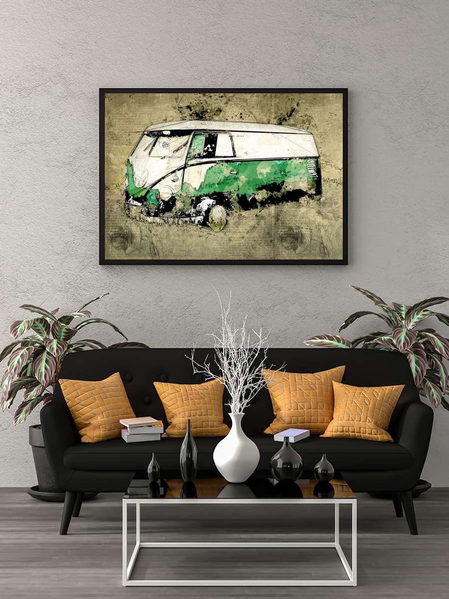 Volkswagen vw combi green Araba Tablo Siyah Çerçeveli Araba Poster Duvar Tablo