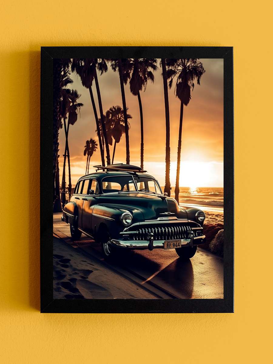 Vintage Woody Car, Sunset,… Sunset, coastal road Araba Tablo Siyah Çerçeveli Araba Poster Duvar Tablo