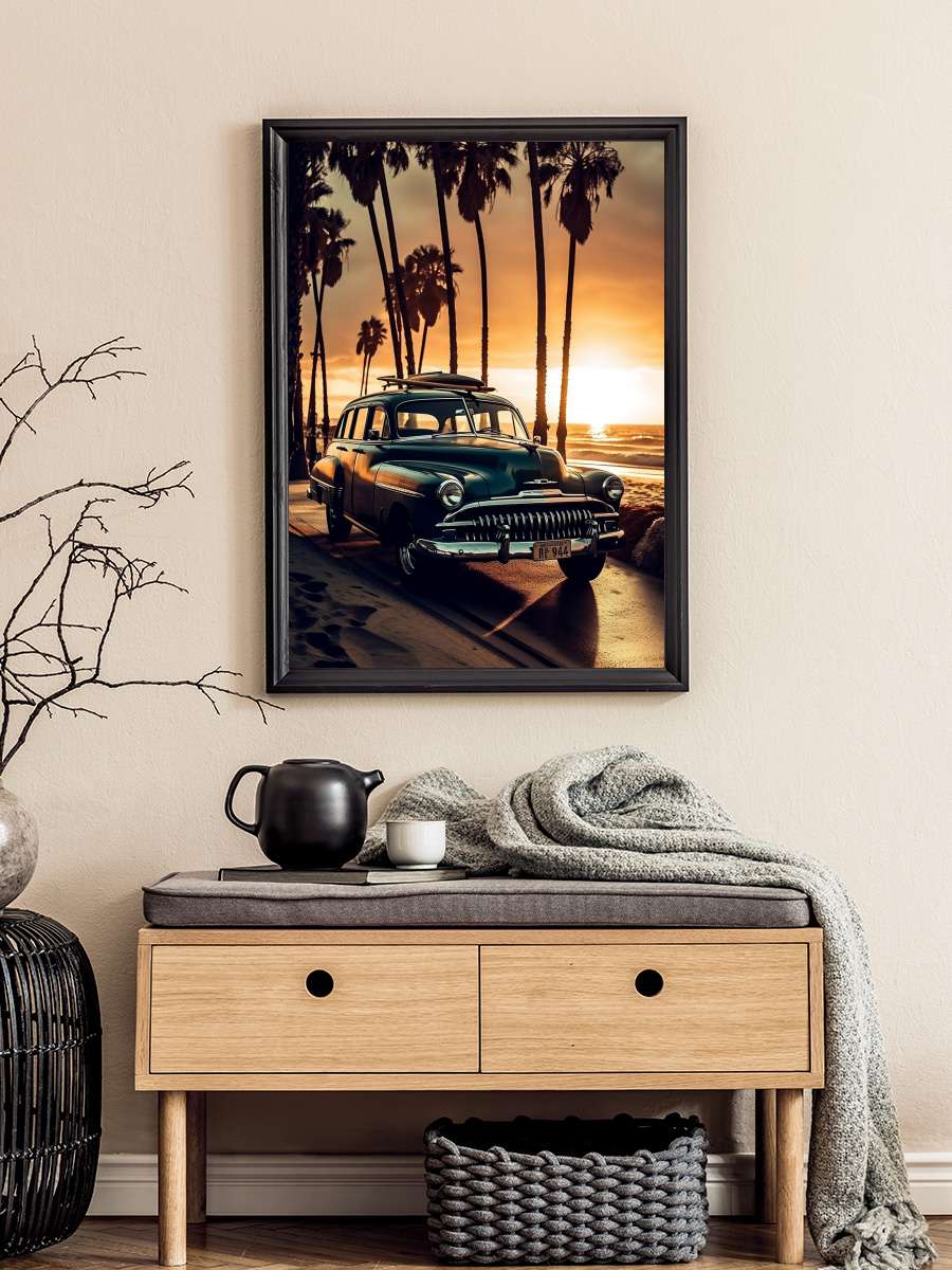 Vintage Woody Car, Sunset,… Sunset, coastal road Araba Tablo Siyah Çerçeveli Araba Poster Duvar Tablo