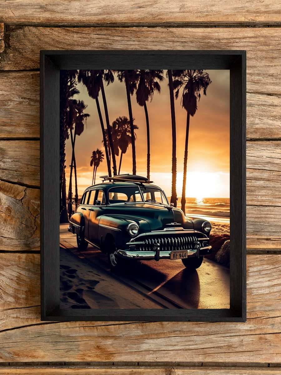 Vintage Woody Car, Sunset,… Sunset, coastal road Araba Tablo Siyah Çerçeveli Araba Poster Duvar Tablo