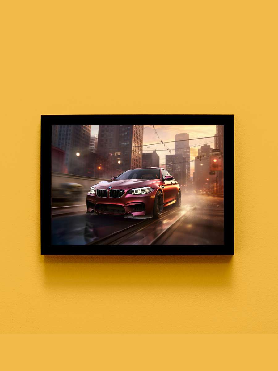 BMW racing in the City at sunset Araba Tablo Siyah Çerçeveli Araba Poster Duvar Tablo