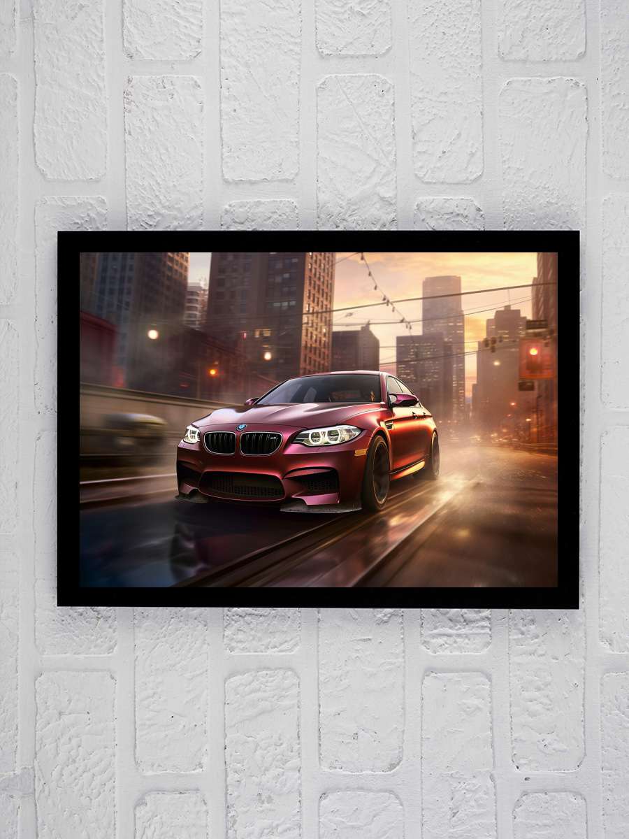 BMW racing in the City at sunset Araba Tablo Siyah Çerçeveli Araba Poster Duvar Tablo