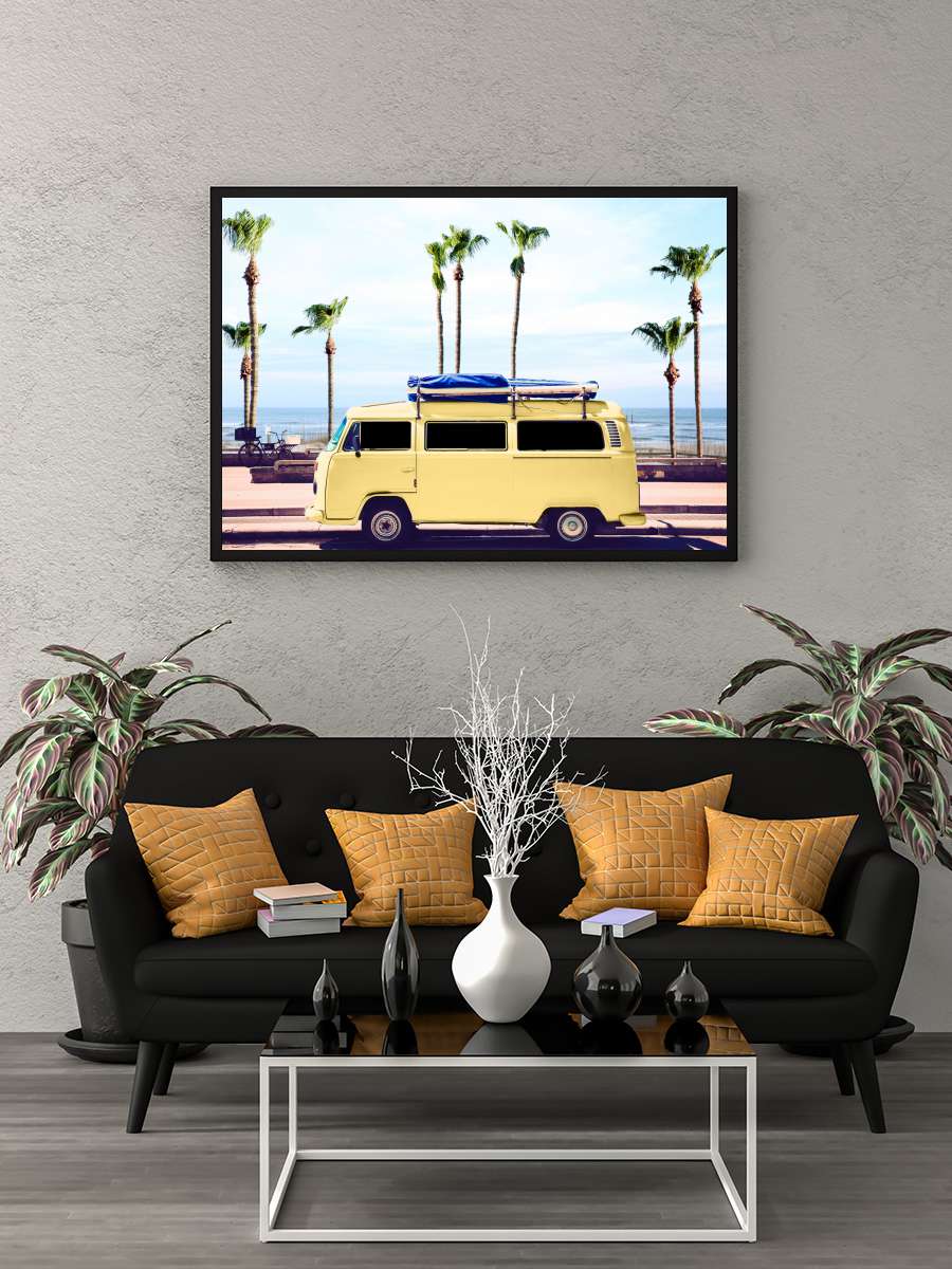 Surfer's Yellow Van Araba Tablo Siyah Çerçeveli Araba Poster Duvar Tablo