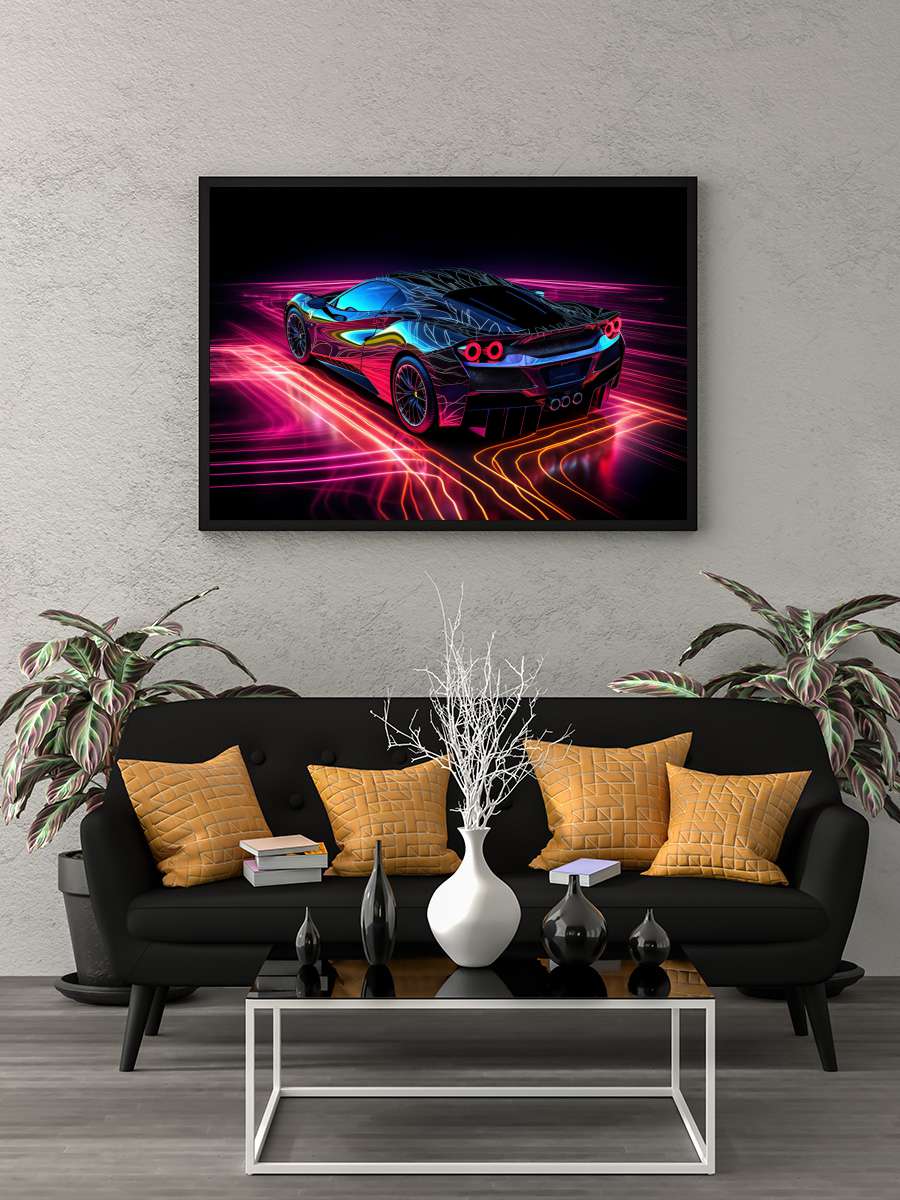 Neon Car Araba Tablo Siyah Çerçeveli Araba Poster Duvar Tablo