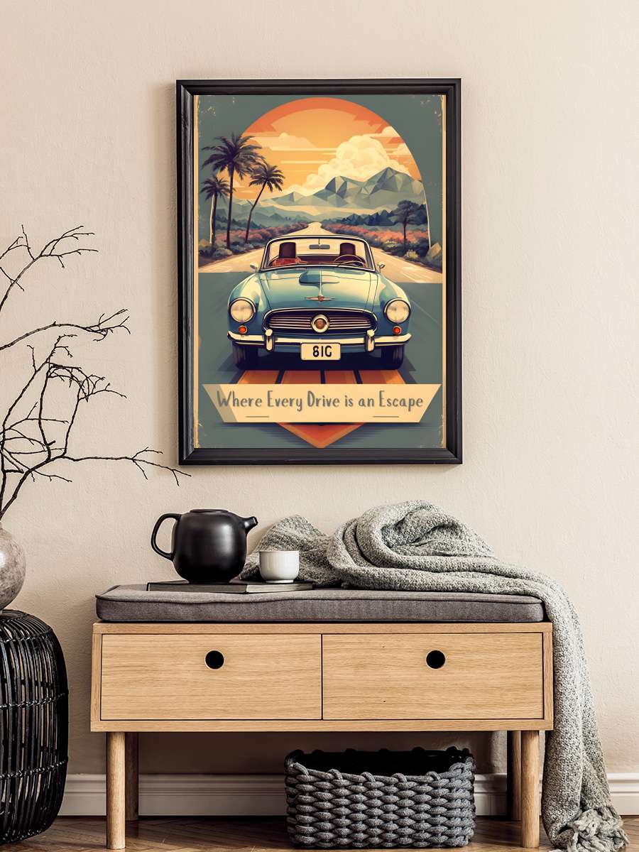 Vintage Poster: Where Every… Every Drive is an Escape Araba Tablo Siyah Çerçeveli Araba Poster Duvar Tablo