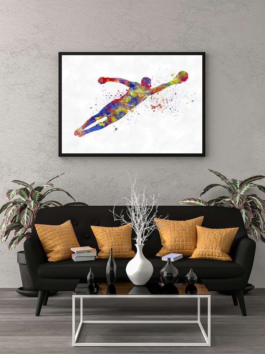 Soccer player in watercolor Futbol Tablo Siyah Çerçeveli Futbolcu Poster Duvar Tablo