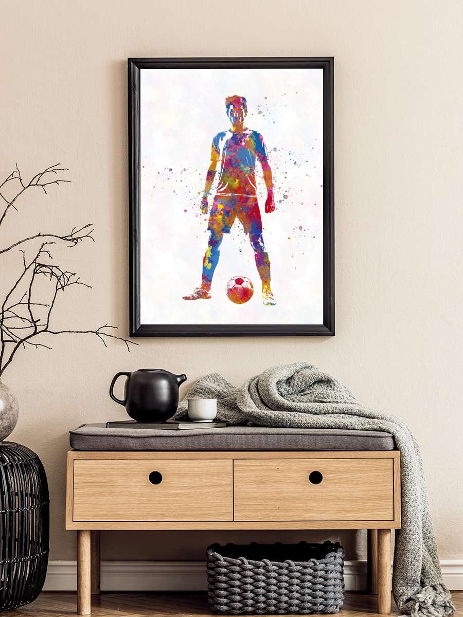 Soccer player in watercolor Futbol Tablo Siyah Çerçeveli Futbolcu Poster Duvar Tablo