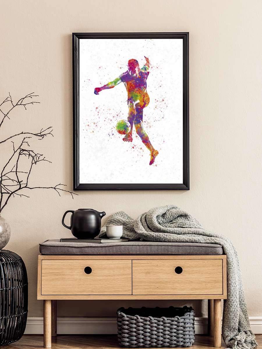 Soccer player in watercolor Futbol Tablo Siyah Çerçeveli Futbolcu Poster Duvar Tablo