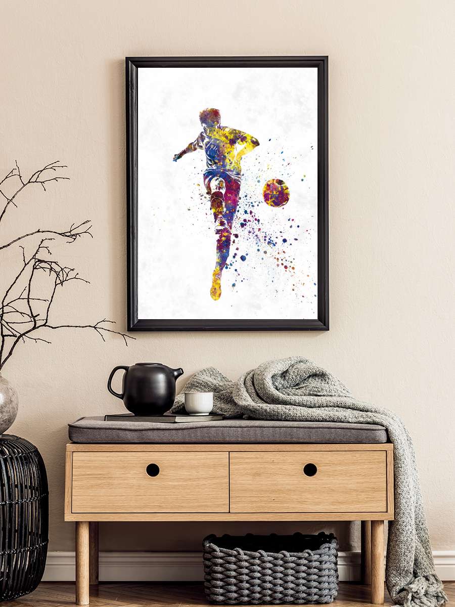 Soccer player in watercolor Futbol Tablo Siyah Çerçeveli Futbolcu Poster Duvar Tablo