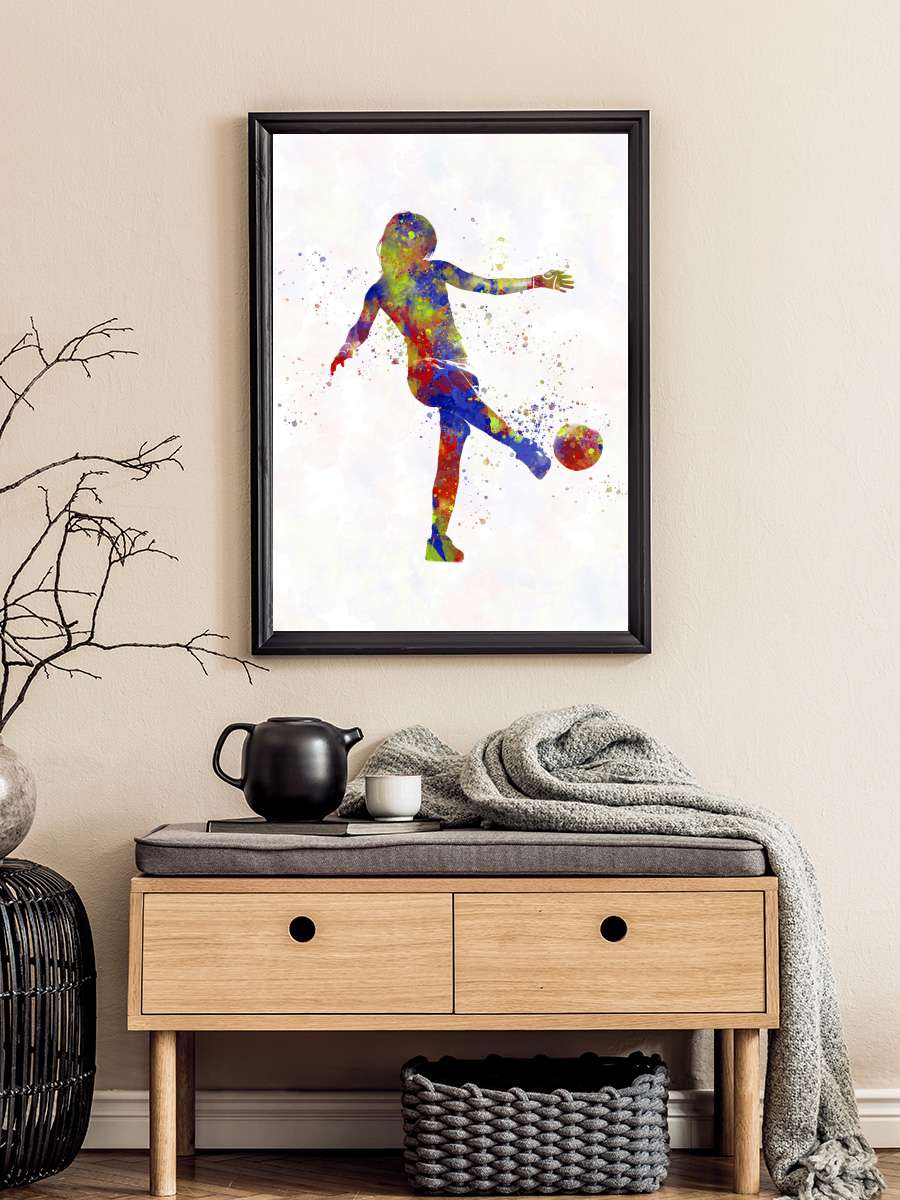 Soccer player in watercolor Futbol Tablo Siyah Çerçeveli Futbolcu Poster Duvar Tablo