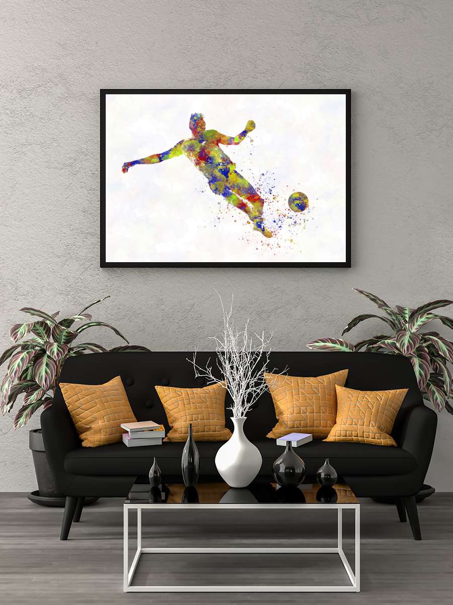 Soccer player in watercolor Futbol Tablo Siyah Çerçeveli Futbolcu Poster Duvar Tablo