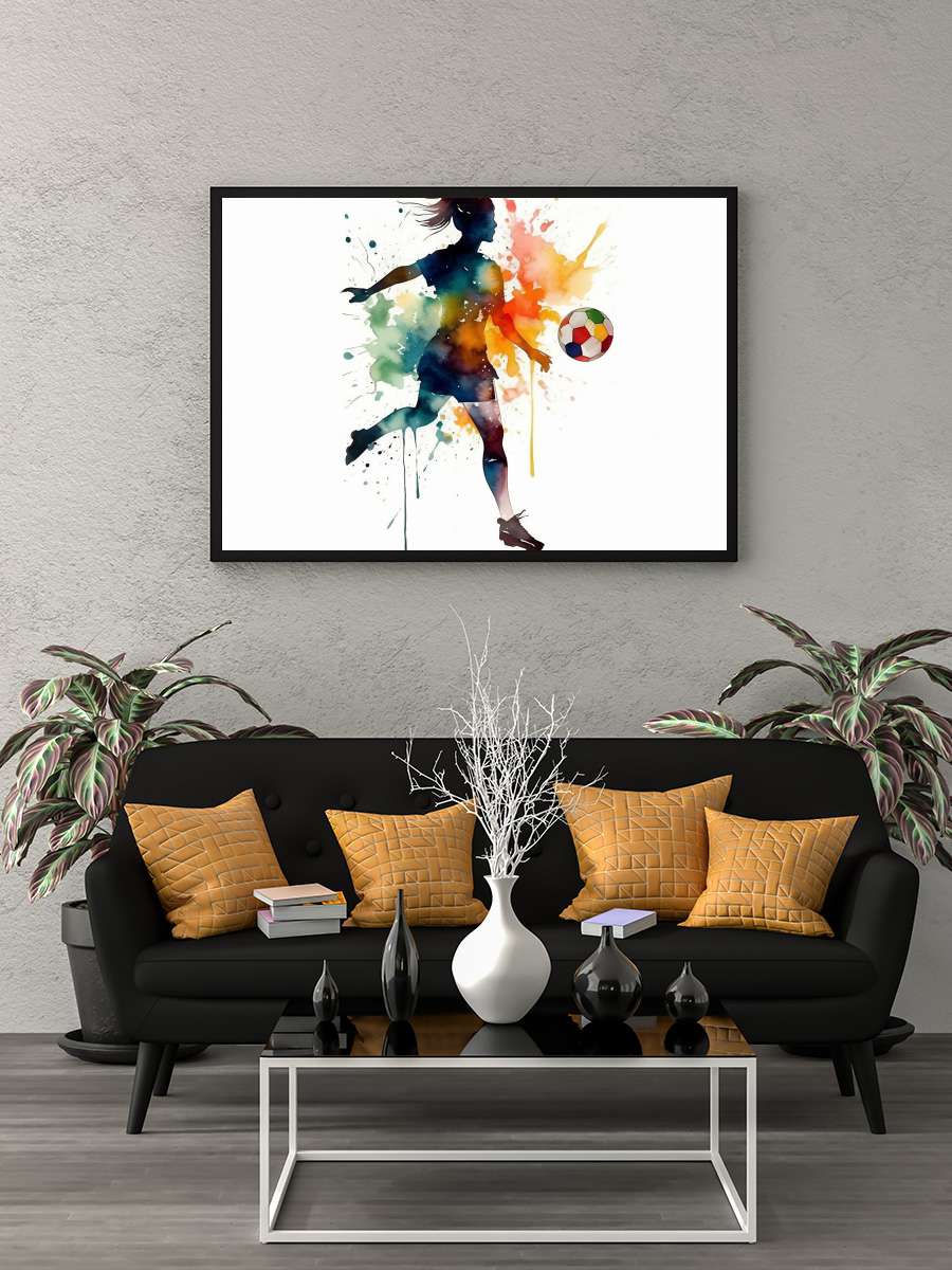 Female soccer player,… player, watercolor illustration Futbol Tablo Siyah Çerçeveli Futbolcu Poster Duvar Tablo