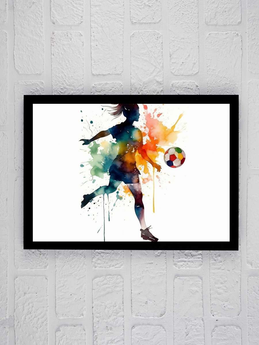 Female soccer player,… player, watercolor illustration Futbol Tablo Siyah Çerçeveli Futbolcu Poster Duvar Tablo