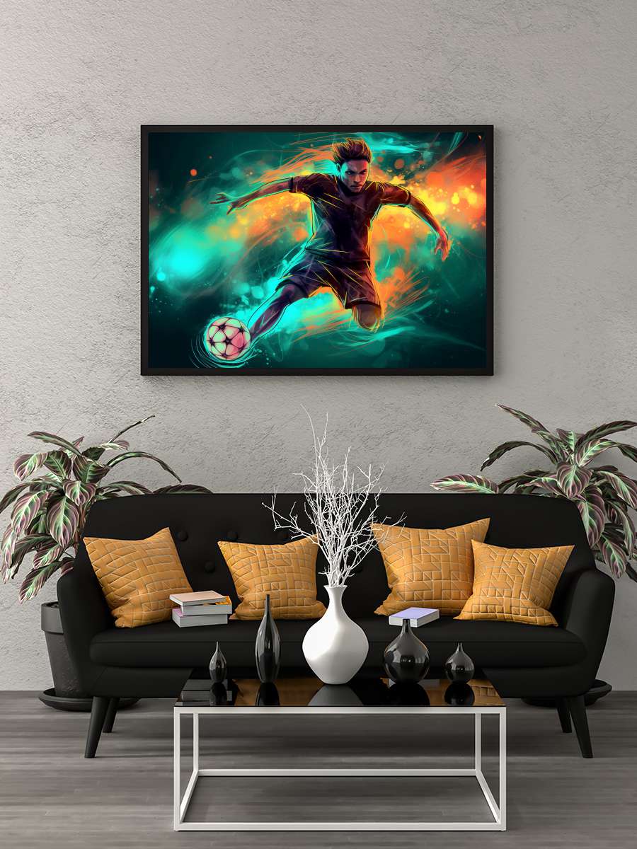 Soccer Futbol Tablo Siyah Çerçeveli Futbolcu Poster Duvar Tablo